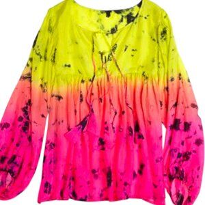 Anna Kosturova Silk Tie-Dye Billowy Sleeve Top  Astral Neon Women's Sz. Medium